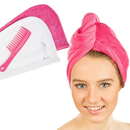ViDi Microfiber Hair Towel Wraps for Women and Girls (2 Pk), Anti-Frizz Quick Dry Hair Turban Towels with Button for Long Short Curly Hair. Free Wide Tooth Comb