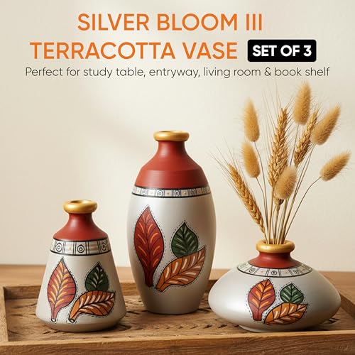 Image of Aakriti Art Creations Earthen Terracotta Vases Set of 3 | Handmade Silver Bloom Floral Art Flower Vases | Matte Finish Decorative Vases for Home Decor & Gifting