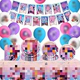 Decoraciones de Fiesta Temáticas, Incluye Banner de Feliz Cumpleaños, 16 Globos, 10 Platos de 23cm, 10 Platos de 18cm, 20 Servilletas, 1 Mantel, Personajes Musicales (A)