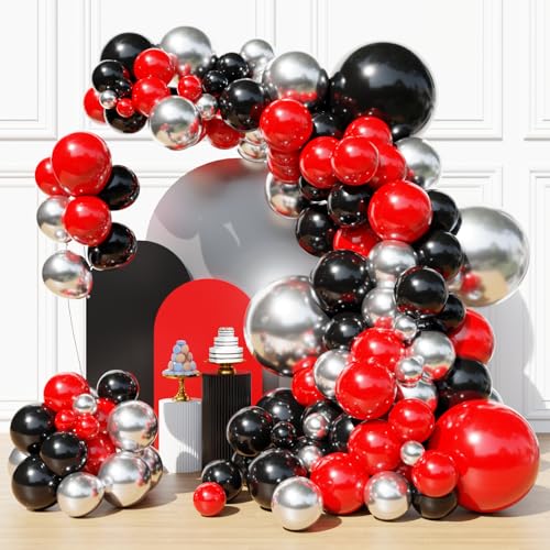 Image of Red and Black Balloons Arch Kit, Red Black and Silver Balloons for Anniversary Birthday Racing Car Poker Party Decoration