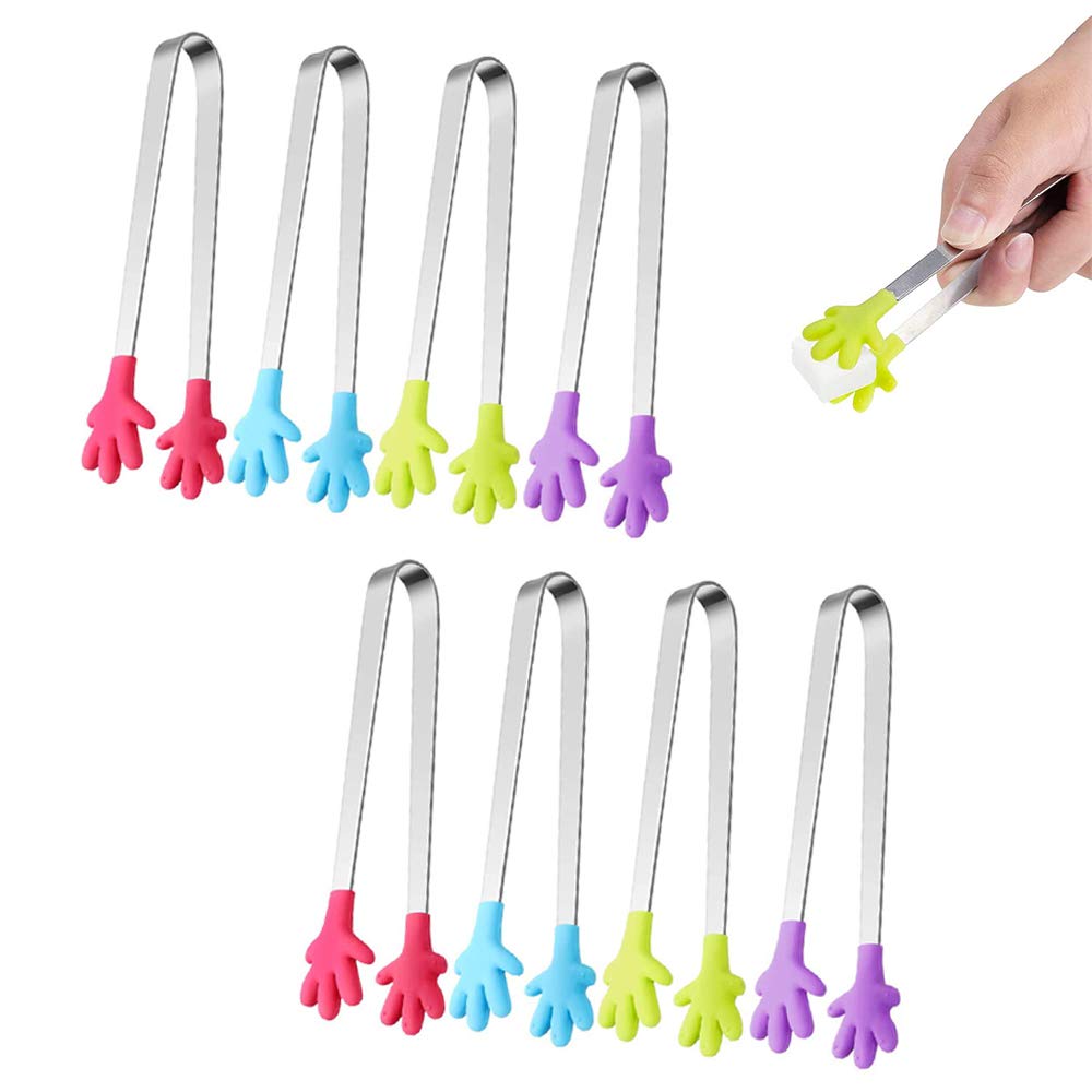 8 Pieces Mini Tongs, Hand Shape Silicone Sugar Tongs Ice Tongs Food Tongs, Stainless Steel Small Serving Tongs, for Supermarket Sweet Candy Coffee Ice Bucket Bar Kitchen (Random Color)