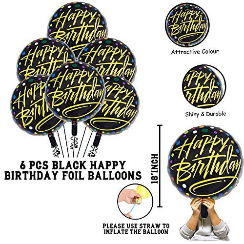 Image of Happy Birthday Round Foil Balloons Black with Colorful Dots Pack of 6