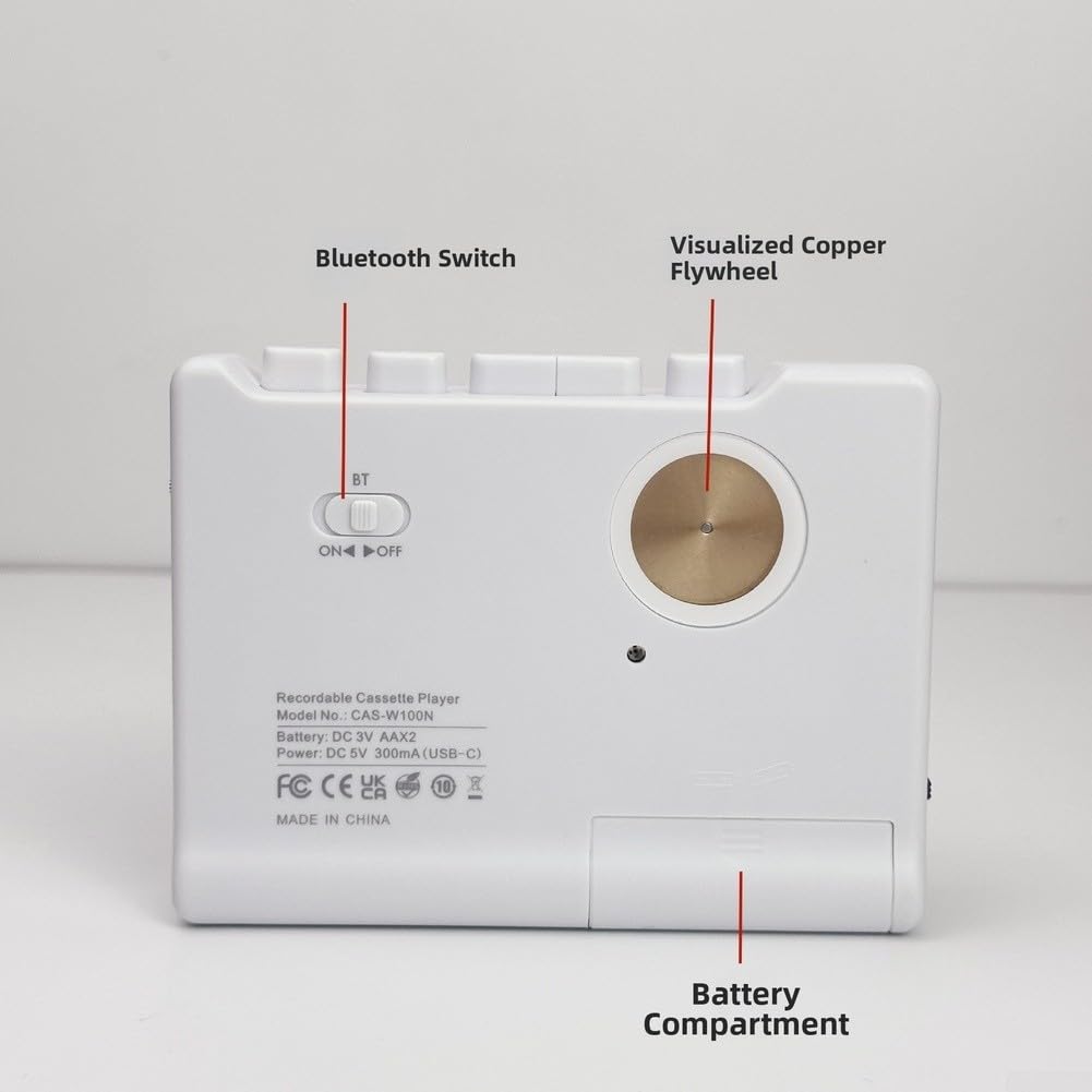 Kabelloser Retro-Kassettenspieler mit Konnektivität, sichtbarer Kupferschwungrad-Stereo-Recorder, AUX-in-Aufnahme, USB-C- oder AA-Batteriebetriebenes, tragbares Kassettendeck für
