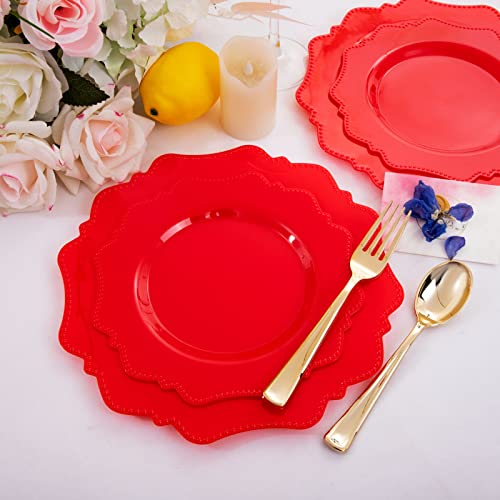 Colosus Disposable Plastic Plates 60Pcs, Red Party Plates, Heavy Duty 30 Dinner Plate 10.5” And 30 Salad/Dessert Plate 8.25” #TOP3