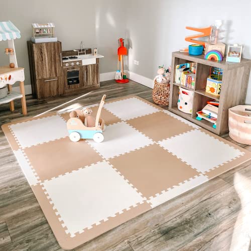 Image of Extra Large Thick Baby Play Mat, Interlocking Foam Floor Tiles Beige/White