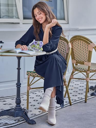 Wenrine Womens Casual 3/4 Sleeve Shirt Dress Button Down V Neck Tiered Collared Flowy Maxi Dress4