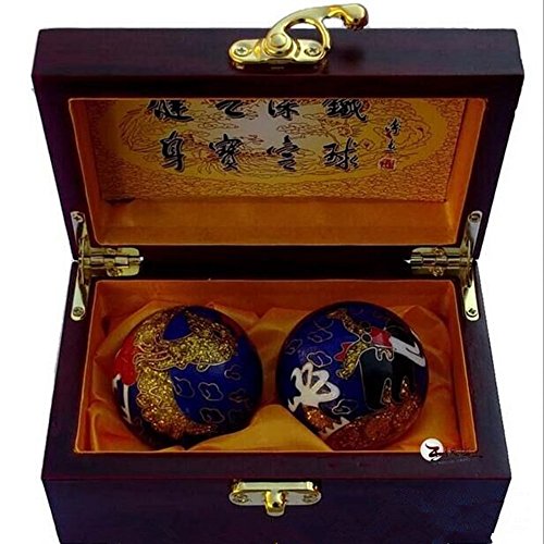 Gusnilo Wire Inlay Enamel Implement Chinese Health Exercise Stress Balls - Blue Color/Traditional Beautiful Steel Palm Wooden Box Packaging
