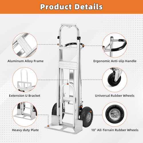 Aluminum 4 in 1 Convertible Hand Truck Dolly, 1000Lbs Capacity, Heavy Duty Folding Hand Truck Dolly Cart with Wheels 10" All-Terrain Tires, Hand Trucks for Logistics, Home, Office, School, Silver by Tolpassa - Image 8