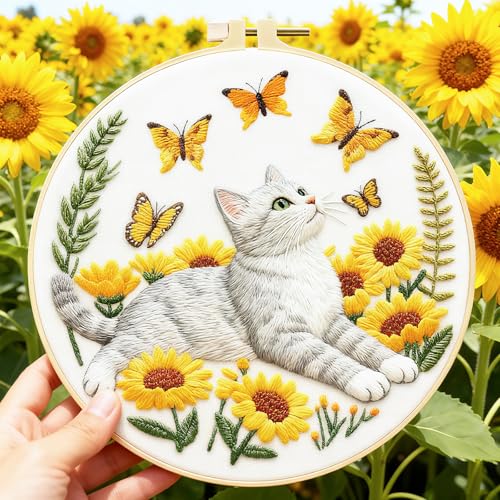 Image of BEUNITONE 4 Set Embroidery Kit for Beginners, Cat and Butterfly Pre-Stamped Pattern Needlepoint Kits for Adults with Hoop and Instruction, Cute Hand Embroidery Patterns for Cloth and Home Decor