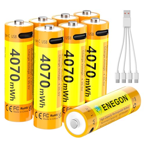 ENEGON Rechargeable AA Batteries 8 Pack 4070mWh 1.5V Constant Voltage Lithium Batteries Type-C Direct Fast Charge 500+ Cycles Built-in Safety Chip for Toys Remotes Flashlights