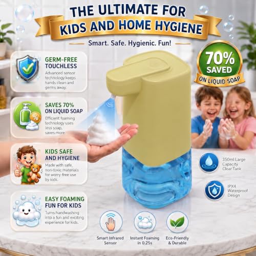 Image of Automatic Foaming Soap Dispenser with 200ml Foaming Handwash Refill Included, 350ml Touchless Soap Dispenser, Smart Infrared Sensor,IPX4 Waterproof for Kitchen & Bathroom (Yellow)