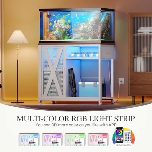Image of YITAHOME Fish Tank Stand with Power Outlets & LED Light, 40-50 Gallon Metal Aquarium Stand with Cabinet for Fish Tank Accessories Storage for Turtle Tank, Reptile Terrarium, 660LBS Capacity, White