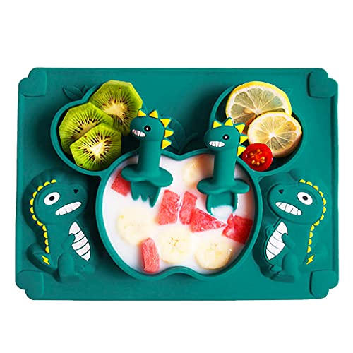 Image of SNOWIE SOFT Baby Suction Plates For Baby Feeding; Silicone Toddler Plates With Deep Divided For Kids To Feed Themselves, Baby Place Mats With Cute Dinosaur Design, Bpa Free,1 Count,Green