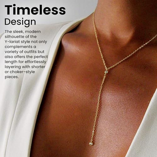 Faire de la Mode 14k Gold Plated Sterling Silver Lariat Necklace with 2 Cubic Zirconia in a 3.25" Dainty Drop Pendant, 16" - 19" Gold Plated Sterling Silver Long Necklace for Women4