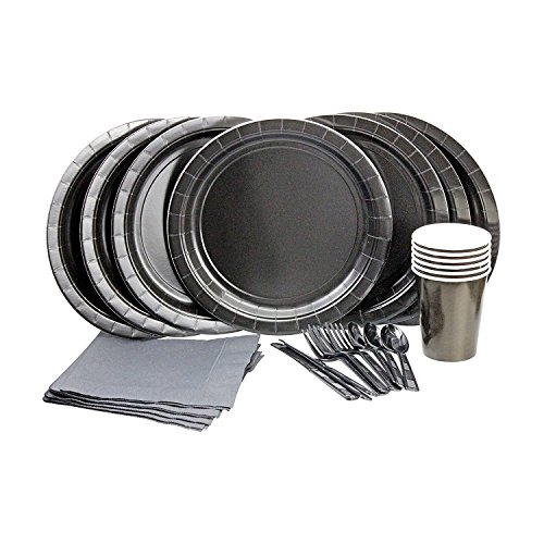 Party Lovers Premium Party Supplies Disposable Dinnerware Set - 20pc Includes Black Dinner Plates, Cutlery, Tablecloth Napkins and Cups - Birthday Paper Tableware Collections