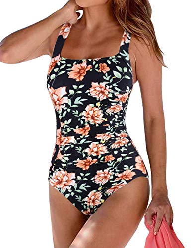 Firpearl Women's One Piece Bathing Suits Ruched Tummy Control Plus Size Swimwear 14 Black&Orange Floral-2 #TOP9