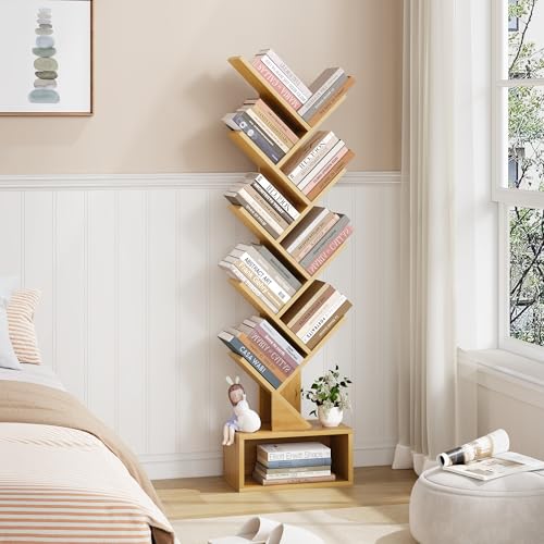 Image of Hoctieon 9 Tier Tree Bookshelf, Tall Bookcase with Drawer, Wood Book Shelf, Modern Floor Standing Bookshelves, Book Organizer Shelves for Bedroom, Living Room, Home Office, Yellow
