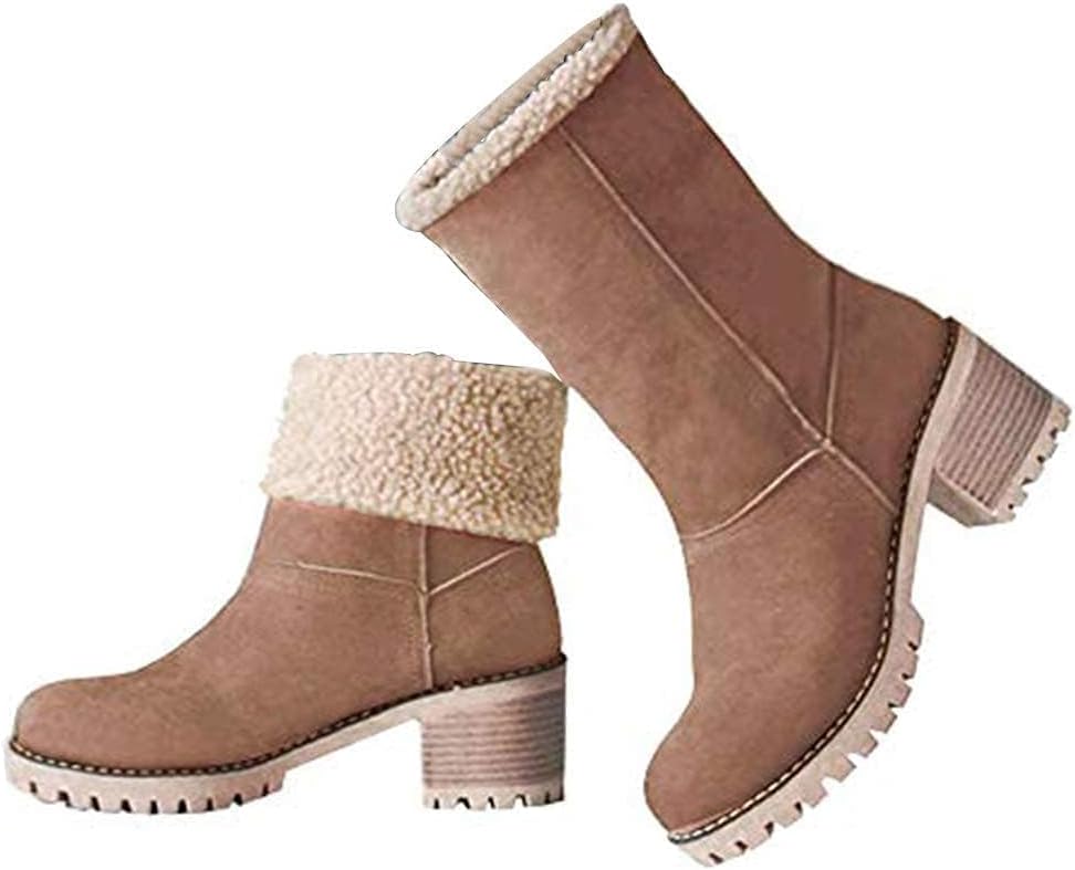 VIMISAOI Winter Boots for Women, Comfortable Slip On Mid Chunky Heel Suede Warm Snow Ankle Boots Outdoor Shoes