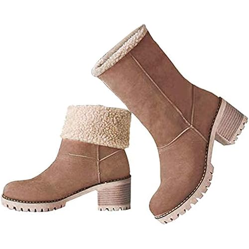 VIMISAOI Winter Boots for Women, Comfortable Slip On Mid Chunky Heel Suede Warm Snow Ankle Boots Outdoor Shoes