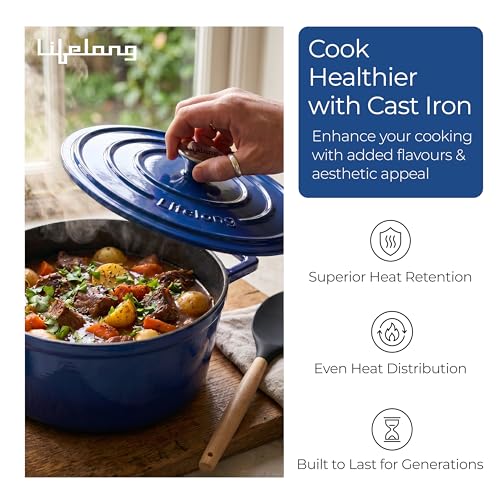 Image of Lifelong Enamel Cast Iron Casserole with Lid (3.8L, 24cm) | Oven, Gas & Induction Compatible | Slow Cooking, Even Heat Distribution, Nontoxic, Durable, Naturally Nonstick, No Stains or Scratch (Blue)