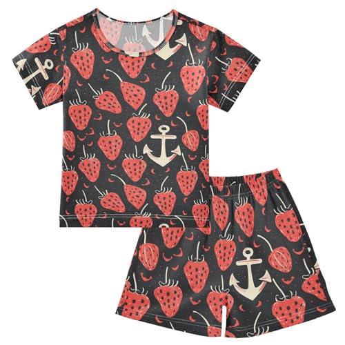 ALAZA Strawberry and Anchor Pajama Set Short Sleeve Sleepwear Soft Lounge Nightwear