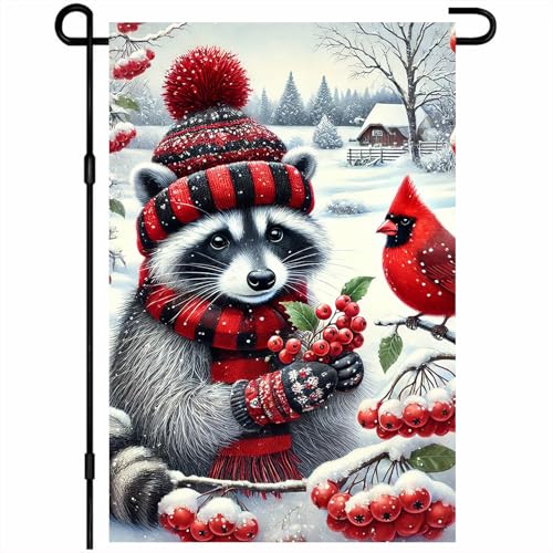 Image of BlissYard Garden Flag Raccoon Red Scarf Winter 12x18 Inch Polyester