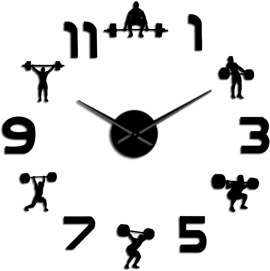 Large Weightlifting Fitness Room Decor DIY Wall Clock Mirror Effect (Black)