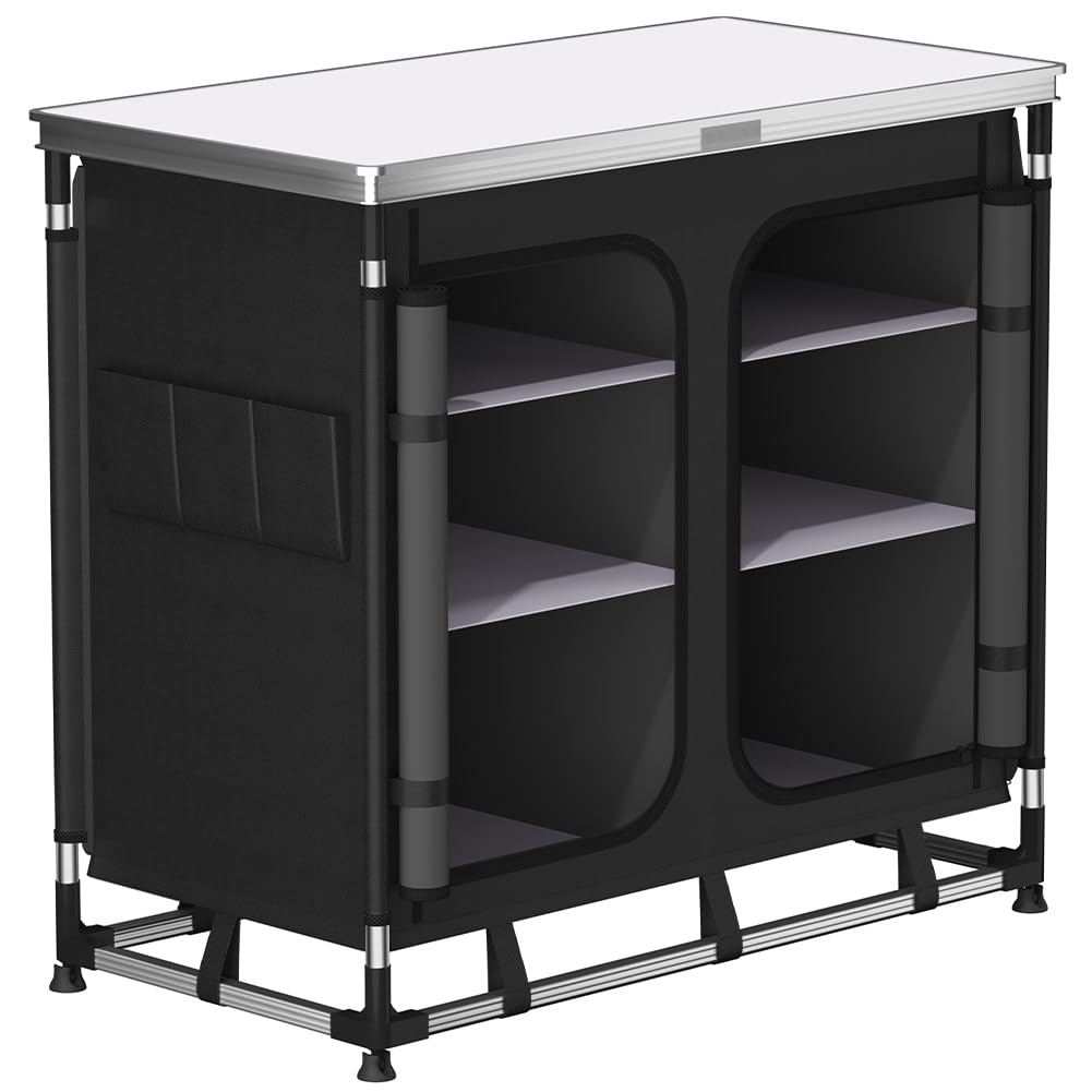 BAKAJI Cucina Armadio Mobiletto Tavolo Da Campeggio Picnic Compatta Portatile Pieghevole, Telaio Alluminio Cucinotto Paraspruzzi Borsa Trasporto Vano Portaoggetti In Tessuto (Compatto Doppio)