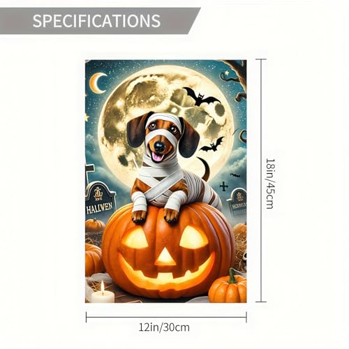 Image of Happy Halloween Garden Flags Ghost Dog Skeleton Dachshund Dog Small Yard Flag for Outdoor Decor 12x18 Inch Vertical Double Sided for Outside Decoration