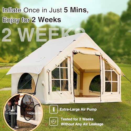 Image of KNUO Inflatable Camping Tent, Large Blow-Up Air Tent, No Assembly Needed Luxury Glamping House, Oxford Fabric