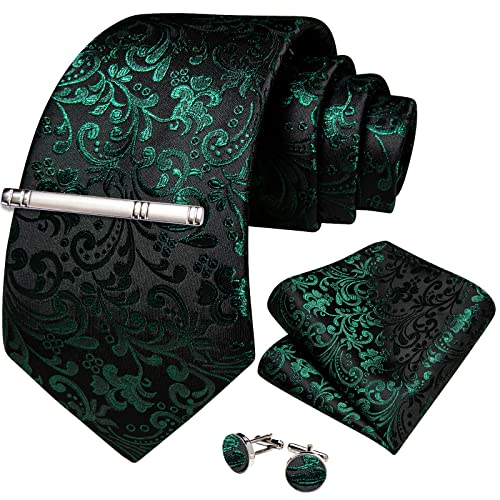 Image of DiBanGu Silk Floral Ties for Men Woven Paisley Necktie and Tie Clip Handkerchief Cufflinks Set for Party Wedding