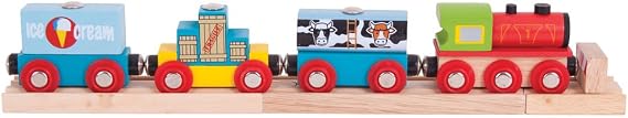 Bigjigs Rail Wooden Goods Train Toy - Train with 3 Carriages & Removable Freight,  with 2 Wooden Train Track Pieces & a Buffer, Compatible with Most Wooden Train Sets