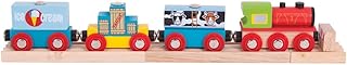 Bigjigs Rail Wooden Goods Train Toy - Train with 3 Carriages & Removable Freight, Comes with 2 Wooden Train Track Pieces & a Buffer, Compatible with Most Wooden Train Sets