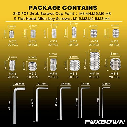 Foxbown Grub Screws, 240 PCS Cone Cup Point & 5 Allen Key Wrench Hex Head, M3/M4/M5/M6/M8 Metric Socket Screws Assorted, 304 Stainless Steel Threads Screw Kit for Home,Door Handles, Faucet