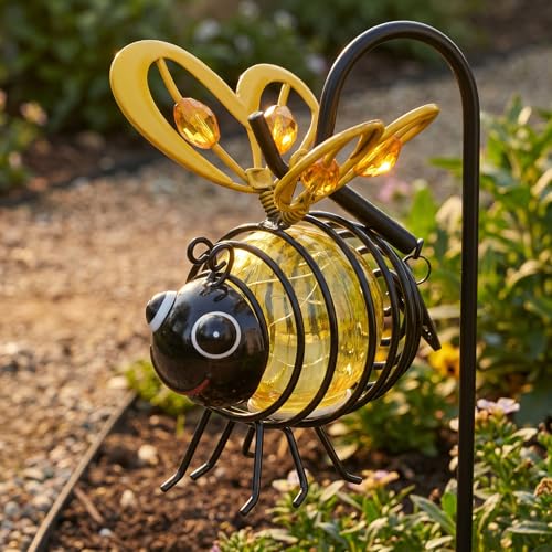 Image of Bee Solar Lights Outdoor Garden, Hanging Metal Bees Lanterns Painted Iron Art Crafts, Waterproof Solar-Powered Hanging Bee Light for Yard Balcony Porch Garden Decoration, Cute Outdoor Statues