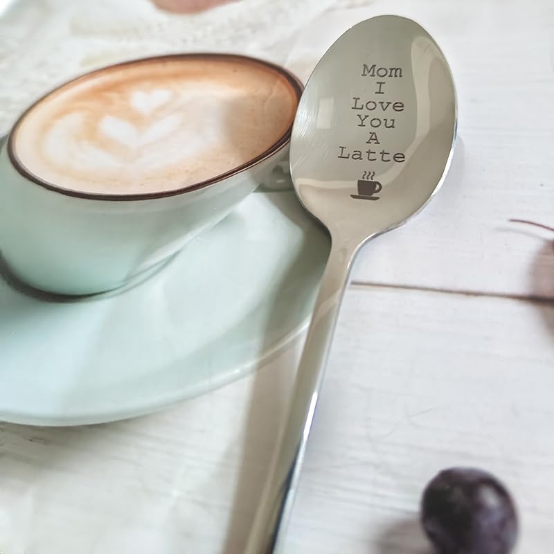 Edelstahl-Löffel Mit Gravur „Mom I Love You A Latte“ – Geschenk Für Muttertag, Geburtstag, Weihnachten, In Grüner Geschenkbox