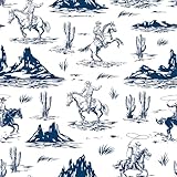 Stickyart Blue Toile Wallpaper Peel and Stick Western Cowboy Horse Cactus Desert Wallpaper for Walls Removable Western Ranch Contact Paper Self Adhesive Vintage Wall Paper for Bedroom Shelf 17.5'x80'
