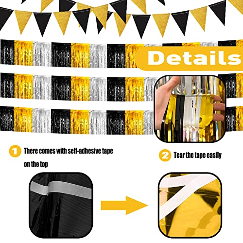 Image of 6 Pack 10 Feet Black Gold Silver Foil Fringe Garland Metallic Tinsel Streamers Banner Wall Hanging Backdrop Banner for Parade Floats, Thanksgiving, Christmas, Birthday, Halloween Party Decorations