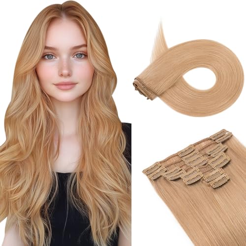 Image of Benehair Clip in Hair Extensions Real Human Hair Black Hair Extensions Clip in Human Hair Long Straight Remy Natural Full Head 8pcs 10inch #27 Dark Blonde