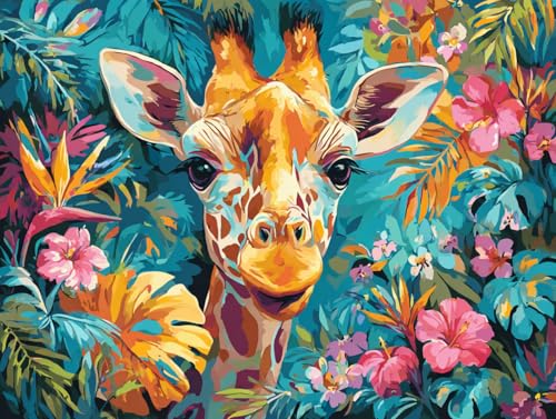 Image of Moohue DIY Counted Stamped Cross Stitch Kits for Adults Giraffe Animal Surrounded by Leaves and Flowers 14 Count Cross Stitch Patterns Printed (Animal Giraffe)