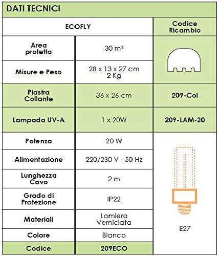 TRAPPOLA LUMINOSA ECOFLY per mosche e insetti volanti A PIASTRA COLLANTE con feromoni e LAMPADA UV DA 20 W (HACCP)