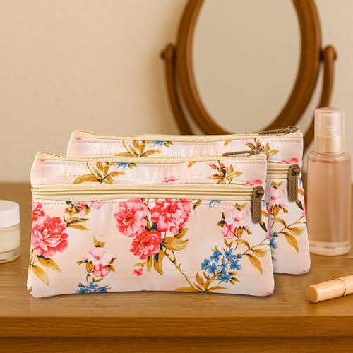 Image of Kuber Industries 2 Pcs Polyester Return Gift Ladies Purse for Women Stylish with Zipper | Small Hand Purse for Women Wallet | Cloth Pouch for Lady for Cash & Accessories | Digital Flower - Cream