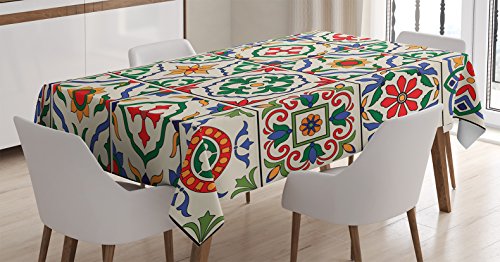 Ambesonne Moroccan Tablecloth, Gorgeous Classic Pattern of Flowers Leaves Traditional Designed, Dining Room Kitchen Rectangular Table Cover, 52