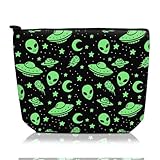 ADQWIOVL Cosmetic Bag Makeup Bag, Birthday Gifts for Women Mom, Cute Canvas Toiletry Bag, Durable Travel Toiletry Makeup Organizer Zipper Pouch, Lipstick Pouch, Green Aliens