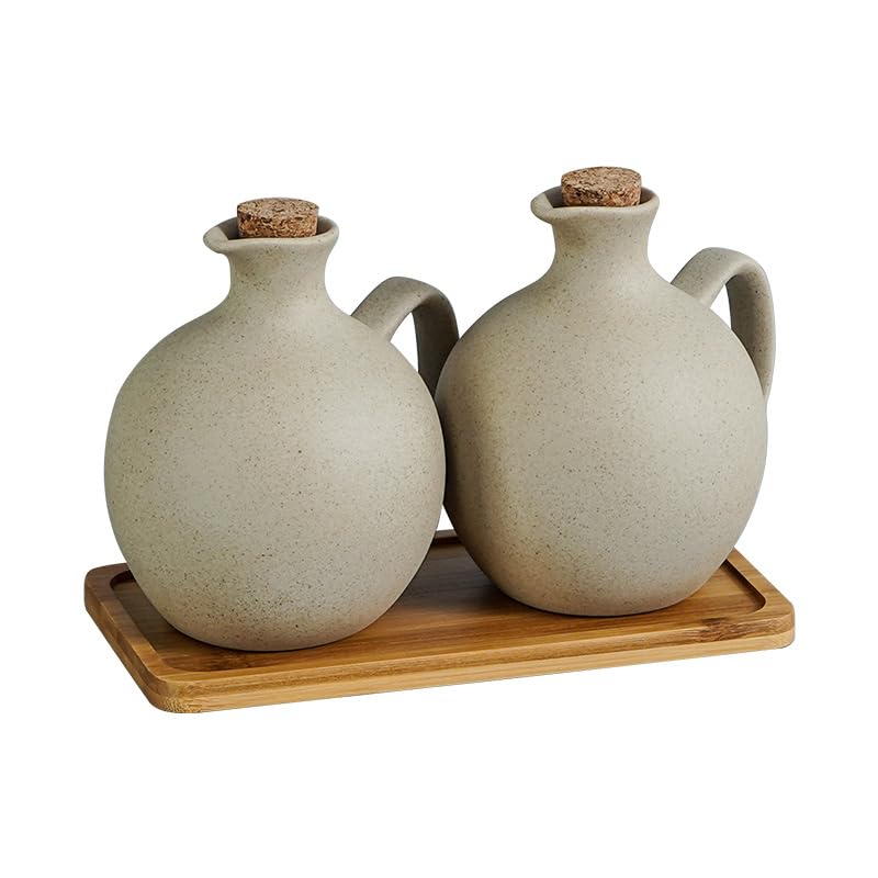 Ölspender-Flaschen-Set aus Keramik mit Korkverschluss und Tablett, 500 ml, kein Tropfen, für Küche, Öl- und Essigaufbewahrung