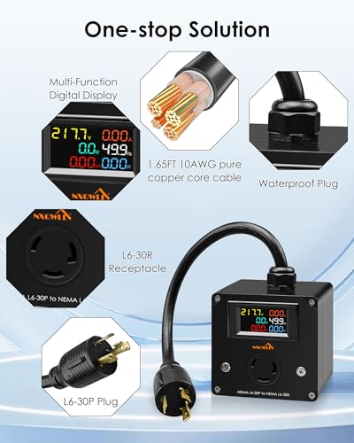 Image of 30A AC Power Meter, 240V L6-30P to L6-30R LCD Display Digital Multimeter Tester with 1.65FT 10AWG Cable, Outlet Monitor Multifunction Energy Monitor Voltage Current Frequency Power Factor