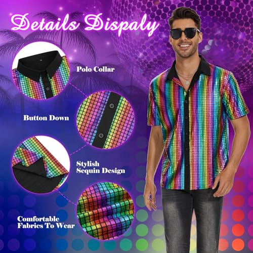 Image of Zando Men's Sequin 70s 80s Disco Shirt - Retro Short Sleeve Button Up Costume Halloween New Year Party Outfit Top & Clubwear
