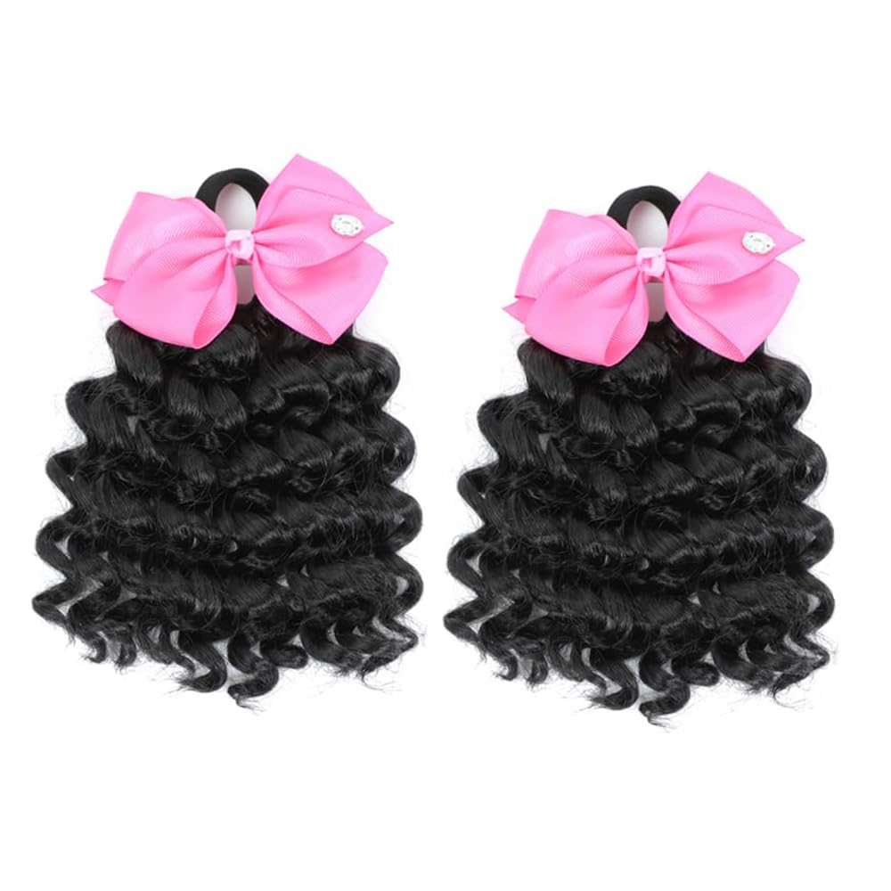 2Packs Kids Ponytail Deep Wave Curly Braids Hair Extension Detachable Synthetic Curly Hairpieces With Bows Protective Easy Hairstyle For Girls Toddlers (Natural Black Curly, 6inch)