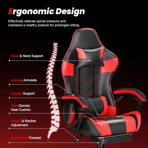 Image of Gaming Chair with Footrest, Ergonomic Video Game Chair with Headrest and Lumbar Support, 400 lbs Adult Chair, Height Adjustable 360 Swivel High Back Reclining Computer Chair for Home Office (Red)