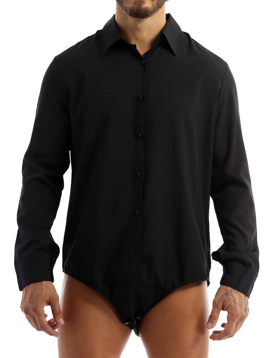 Men's Casual Bodysuit Dress Shirt Tops Long-Sleeve Button Down Jumpsuit Shirt